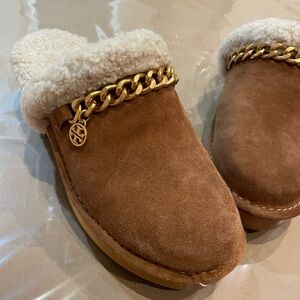 Tory Burch Chestnut Suede Boot with Gold Logo Charm